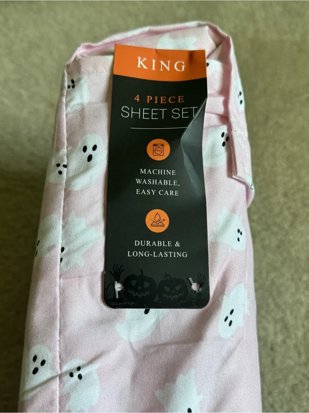 Spooky Story King 4-Piece Bed Sheet Set Pink Ghost Halloween Print New Bedding